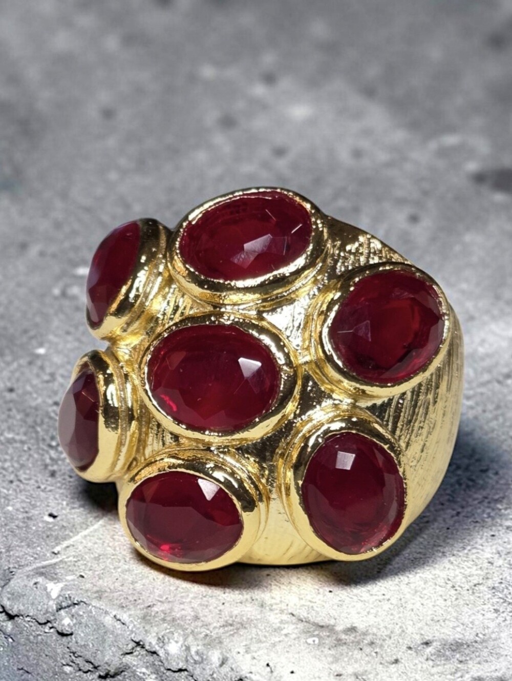 18k Gold Plated Chunky Artisan Ruby Crystal Domed Oversized Statement Ring